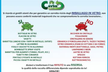 Si ricorda ai gentili utenti che per garantire un corretto riciclo degli IMBALLAGGI IN VETRO, non
possono essere conferiti materiali inquinanti che ne compromettono la corretta lavorazione…
Sì
BOTTIGLIE IN VETRO, FLACONI IN VETRO, VASETTI, BARATTOLI (ANCHE CON I TAPPI IN METALLO, SVITATI), LATTINE IN ALLUMINIO, FOGLI E VASCHETTE IN ALLUMINIO, BOMBOLETTE SPRAY VUOTE, BARATTOLI PER ALIMENTI (TONNO, PELATI, ECC.), TUBETTI PER CONSERVE, PENTOLE E POSATE IN METALLO, PICCOLI OGGETTI IN METALLO
NO
BICCHIERI IN CRISTALLO, POSACENERE, CRISTALLERIA IN GENERE, CERAMICA E PORCELLANA (PIATTI, TAZZE E TAZZINE), VETRO CERAMICA (PIANI DI COTTURA E DA FORNO), MATERIALI INERTI (MATTONELLE, SASSI, PIETRE), LAMPADINE E NEON, LASTRE IN VETRO, SPECCHI, ROTTAMI FERROSI, ELETTRODOMESTICI
Aiutaci a trasformare il tuo RIFIUTO in una RISORSA: la qualità della raccolta differenziata dipende soprattutto da te!
GRAZIE !