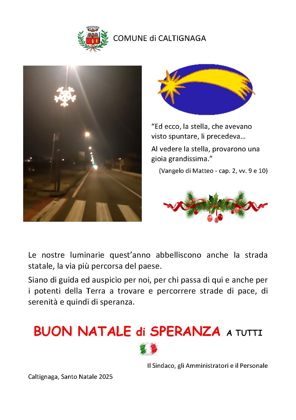 Foto luminarie strada statale, disegno stella cometa, riproduzione testo auguri