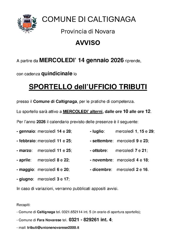 Calendario Sportello Ufficio Tributi a Caltignaga